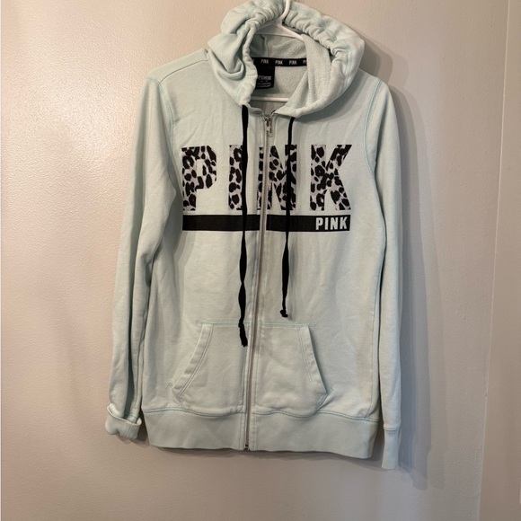 PINK Victoria's Secret Tops - PINK Victoria's Secret Mint Hoodie with Leopard Print